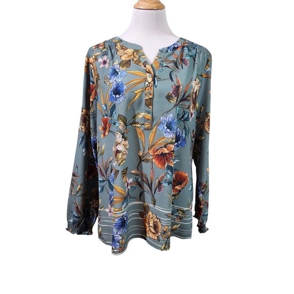Christopher & Banks Blue and Orange  Long Sleeve Blouse, Sz XL - Picture 1 of 10